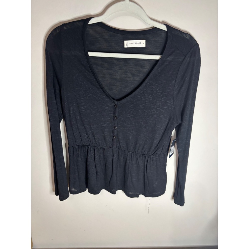 Lucky Brand Womens Black Slub Knit V-Neck Peplum Long Sleeve Top XS 7W65760
